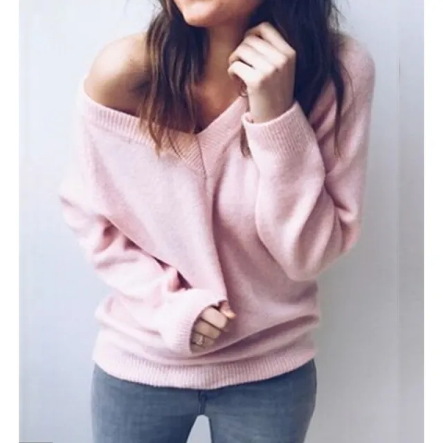 Sweater Large V neck Long Sleeve T shirt Top Women's Clothing Pink - Shop at LoveMi