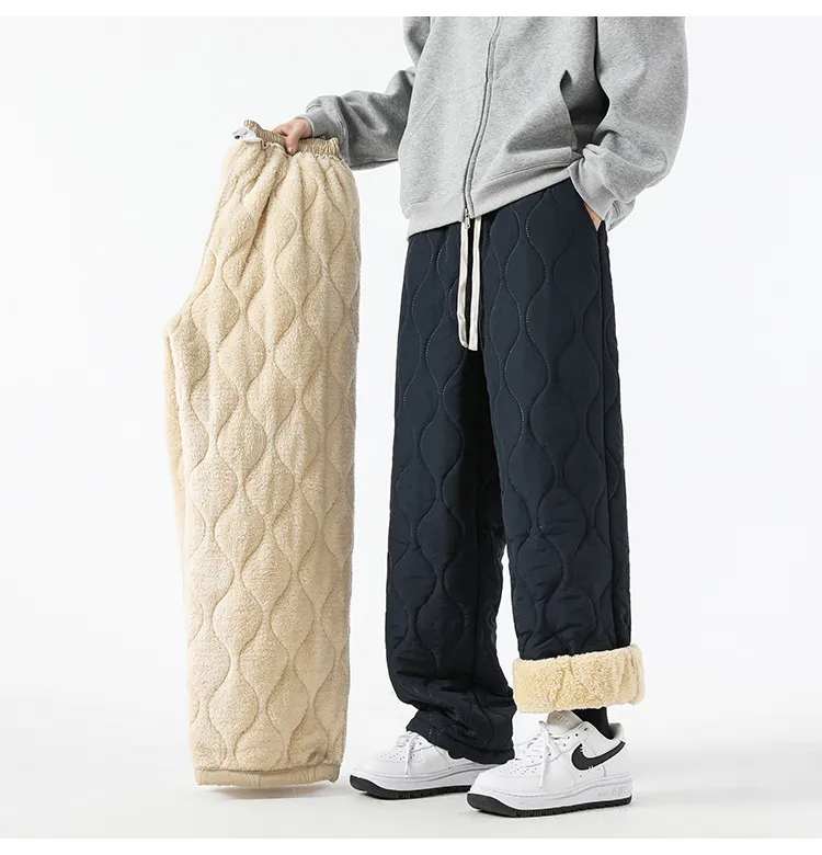 Retro Rhombus Thickened Cotton Pants Men And Women Warm Straight-leg Pants - Navy