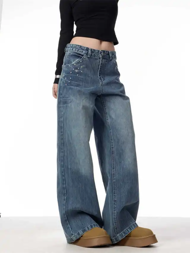 Women's Rivet High Waist Wide Leg Jeans Baggy Straight Trousers Blue - Shop at LoveMi
