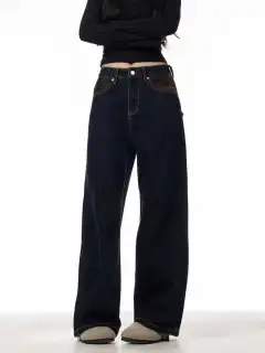 Retro Patchwork Plaid Blue Jeans For Women Loose Straight Trousers - Black - View 1