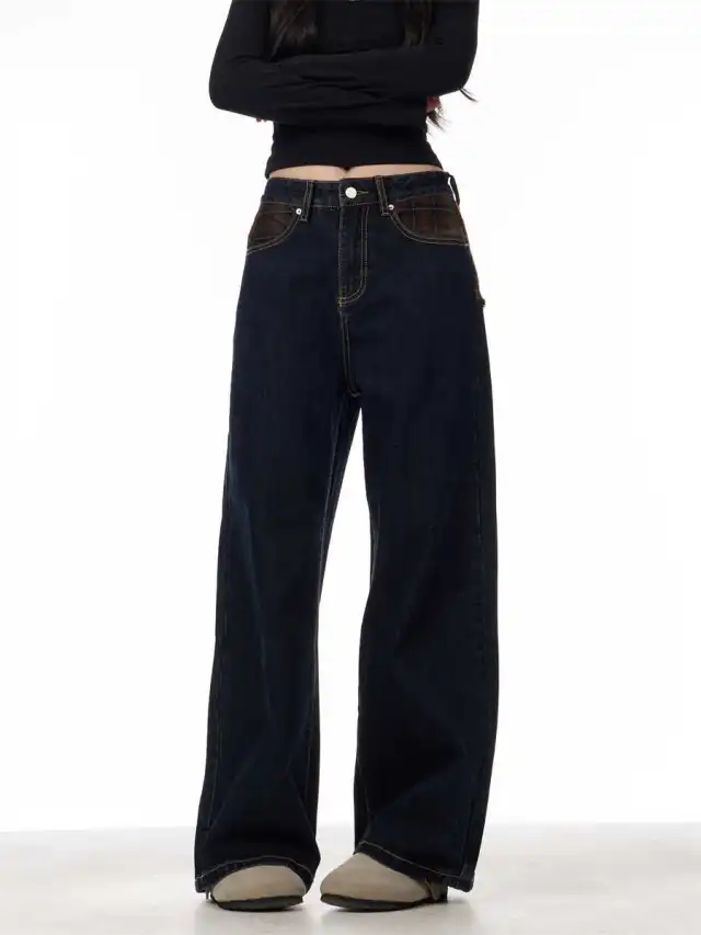 Retro Patchwork Plaid Blue Jeans For Women Loose Straight Trousers Washed Black - Shop at LoveMi