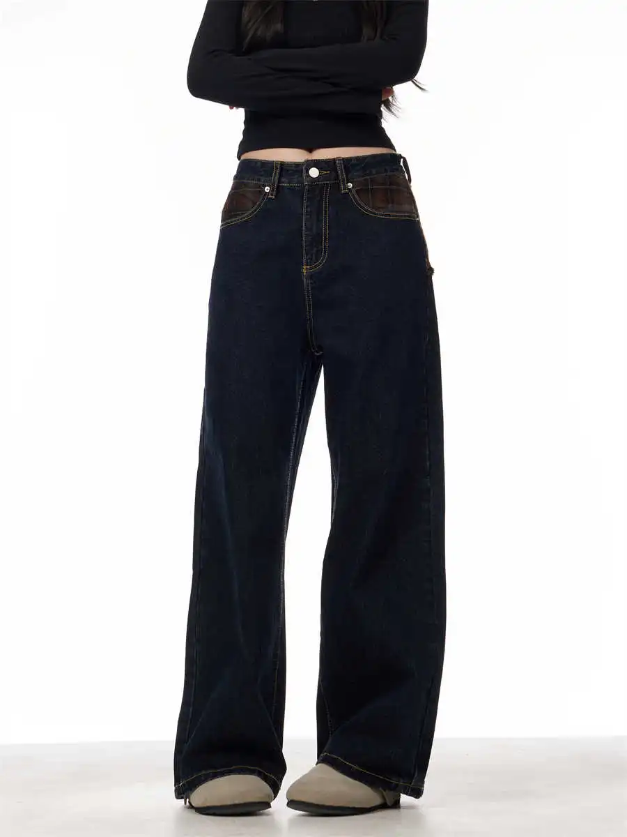 Retro Patchwork Plaid Blue Jeans For Women Loose Straight Trousers - Black