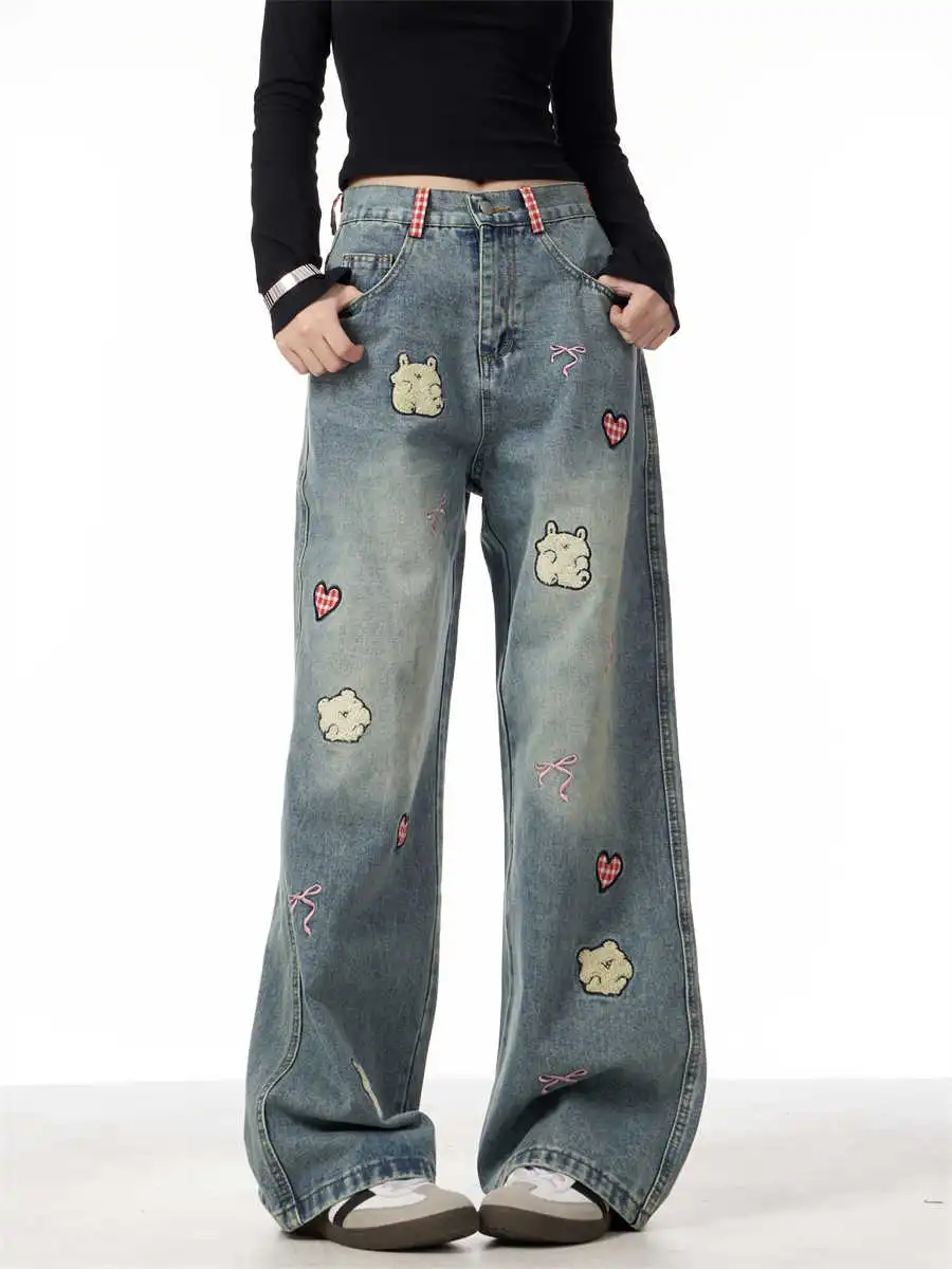 Jeans Female Lamb Embroidery Retro Straight-leg Pants - Blue