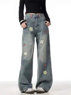 Jeans Female Lamb Embroidery Retro Straight-leg Pants - Blue - View 1