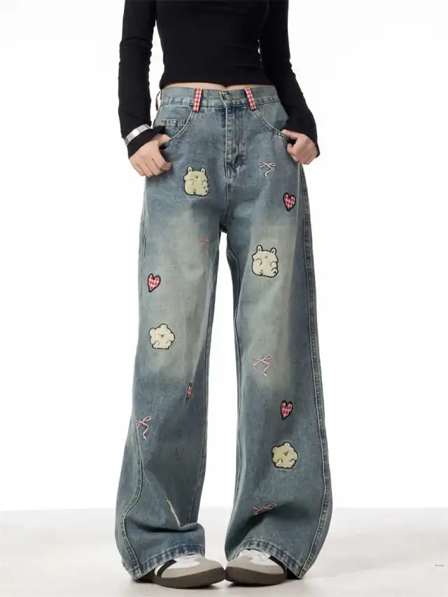Jeans Female Lamb Embroidery Retro Straight leg Pants Blue - Shop at LoveMi