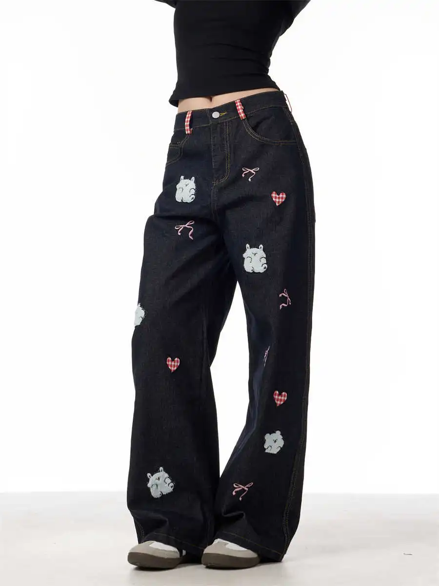 Jeans Female Lamb Embroidery Retro Straight-leg Pants - Black