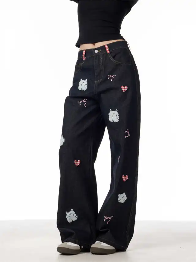 Jeans Female Lamb Embroidery Retro Straight leg Pants Black - Shop at LoveMi