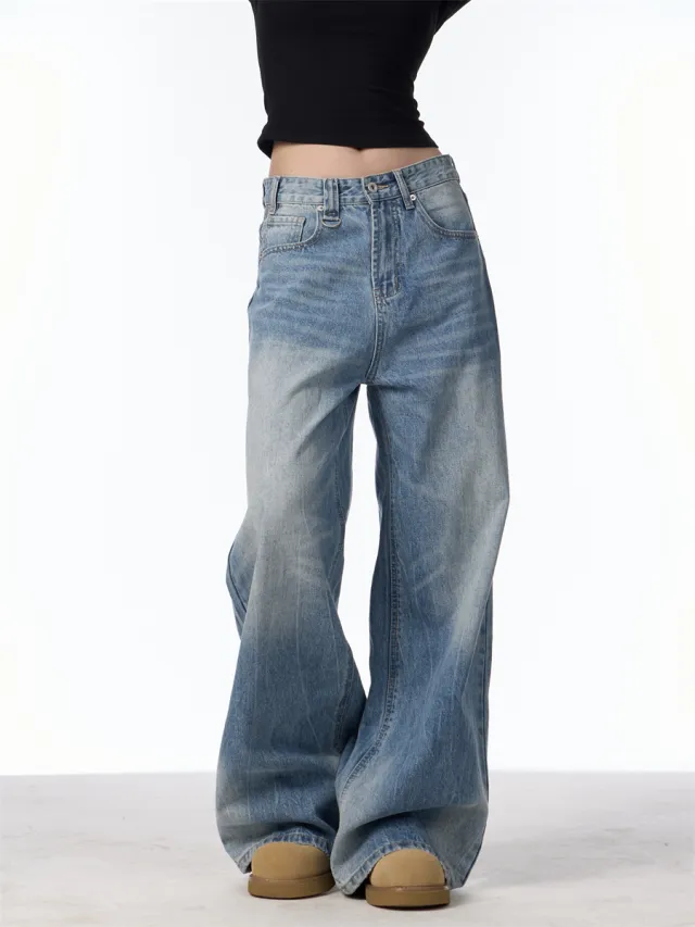 Retro Worn Looking Washed out Jeans Women's Loose Straight Wide leg Pants Blue - Shop at LoveMi