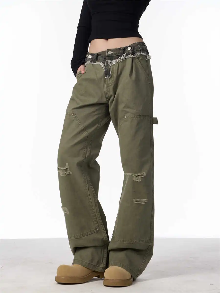 Ripped Cargo Jeans Straight Logging Casual Trousers - Green