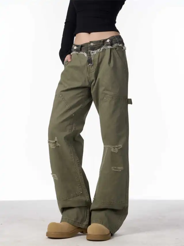 Ripped Cargo Jeans Straight Logging Casual Trousers Green - Shop at LoveMi