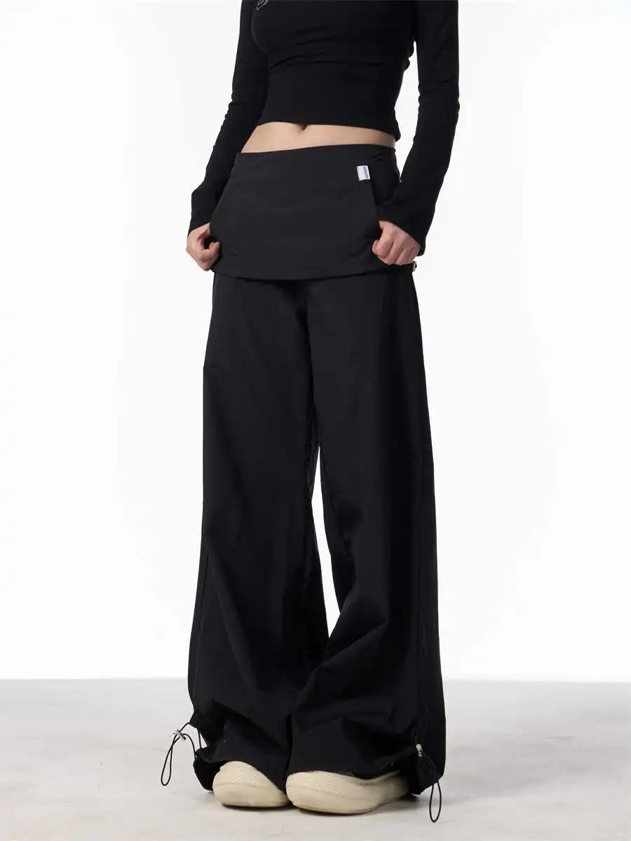 Women's Fake Two-piece Overalls Bandage Dress Wide-leg Casual Pants - Black