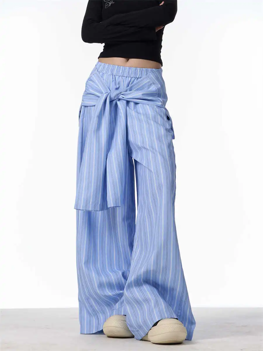 Retro Contrast Color Striped Wide-leg Pants Female Loose Casual Trousers - Blue
