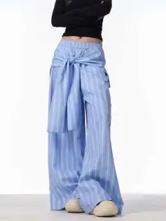 Retro Contrast Color Striped Wide-leg Pants Female Loose Casual Trousers - Blue - View 1