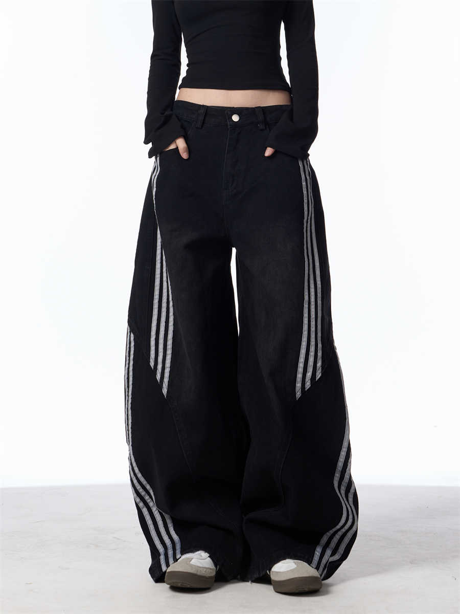 Retro Washed Jeans Women's Striped Stitching Wide-leg Pants