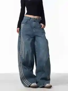 Retro Washed Jeans Women's Striped Stitching Wide-leg Pants - Blue - View 1