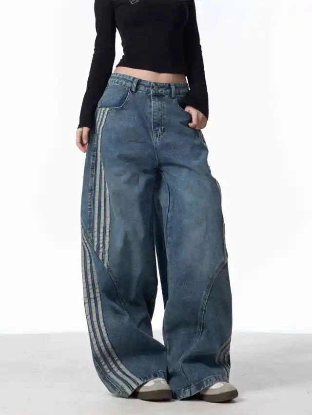 Retro Washed Jeans Women's Striped Stitching Wide leg Pants Blue - Shop at LoveMi