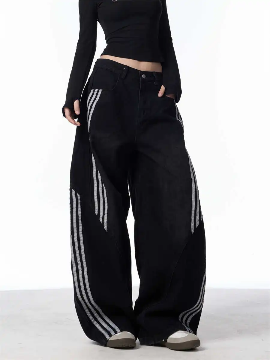 Retro Washed Jeans Women's Striped Stitching Wide-leg Pants - Black