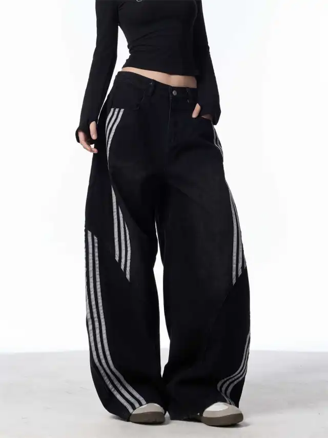 Retro Washed Jeans Women's Striped Stitching Wide leg Pants Black - Shop at LoveMi