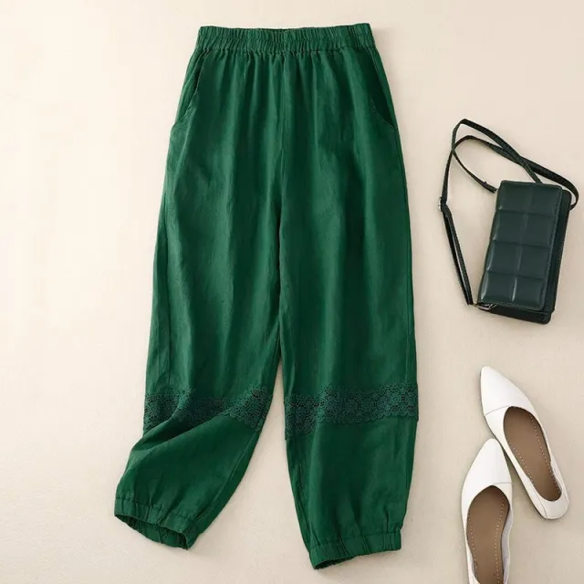 Women's Loose Cotton And Linen Cropped Pants 807 Green - Shop at LoveMi