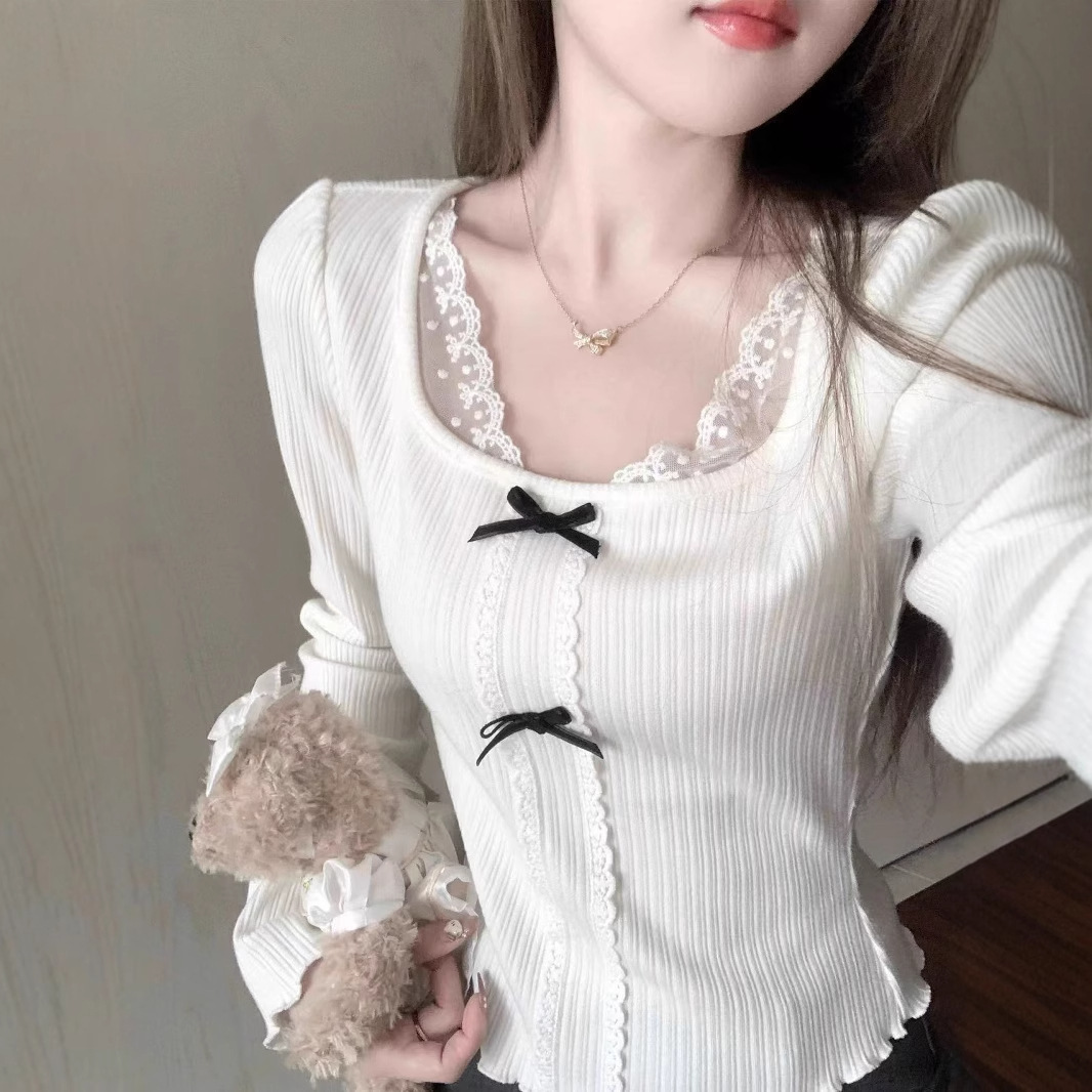 Bow Lace Stitching Long Sleeve T-shirt Women's Bottoming Top