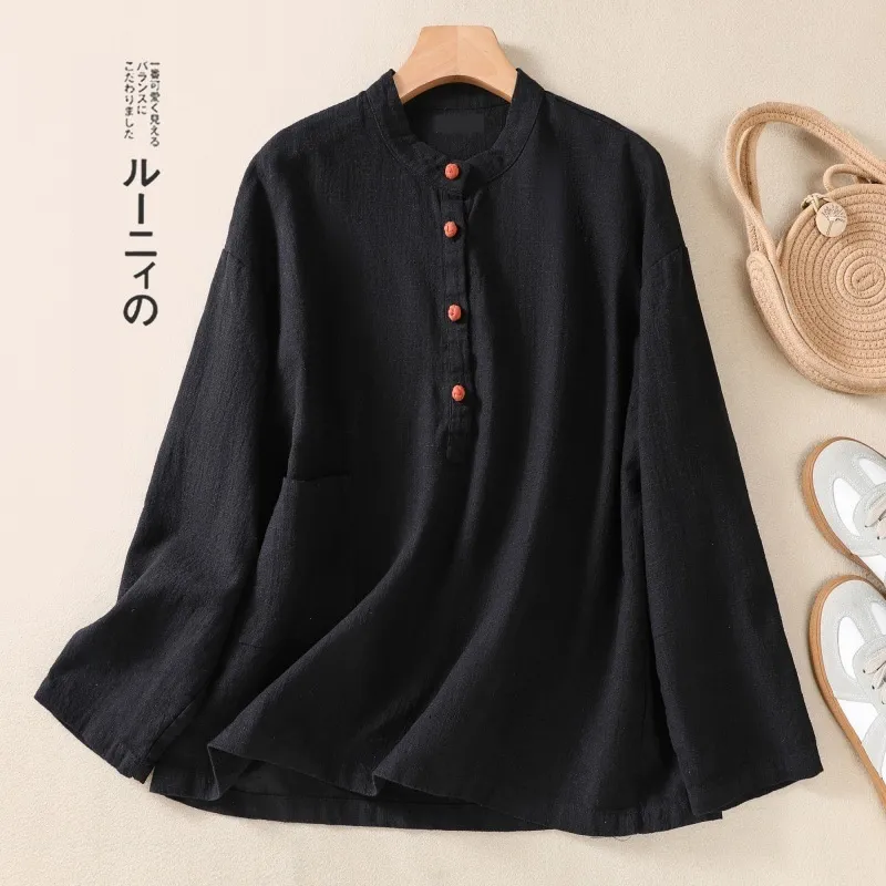 Spring And Autumn Artistic Stand-up Collar Color Matching Buckle Pullover Women's Cotton And Linen Shirt - Black