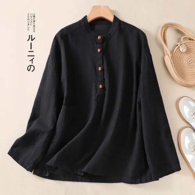 Spring And Autumn Artistic Stand up Collar Color Matching Buckle Pullover Women's Cotton And Linen Shirt Black - Shop at LoveMi