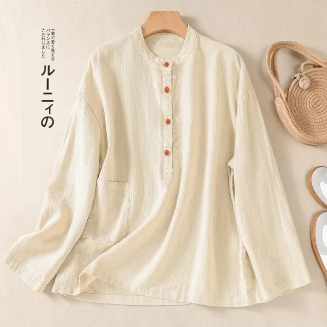 Spring And Autumn Artistic Stand up Collar Color Matching Buckle Pullover Women's Cotton And Linen Shirt Tan - Shop at LoveMi