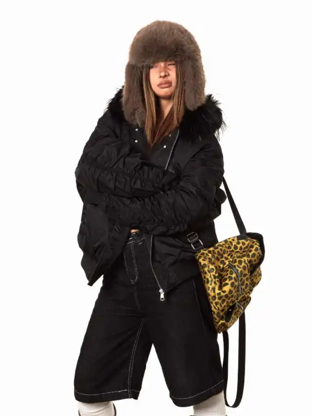 Short Fur Collar Coat Padded Hooded Cotton Coat Black - Shop at LoveMi