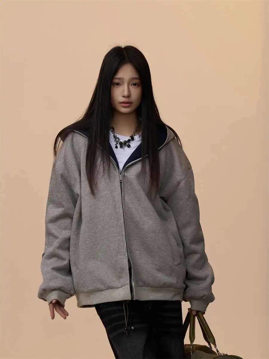 Women's Double Zipper Cardigan Sweater Loose Casual Hooded Coat - Flower Gray