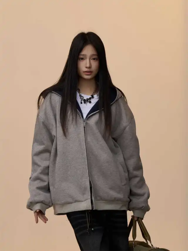 Women's Double Zipper Cardigan Sweater Loose Casual Hooded Coat Flower Gray - Shop at LoveMi