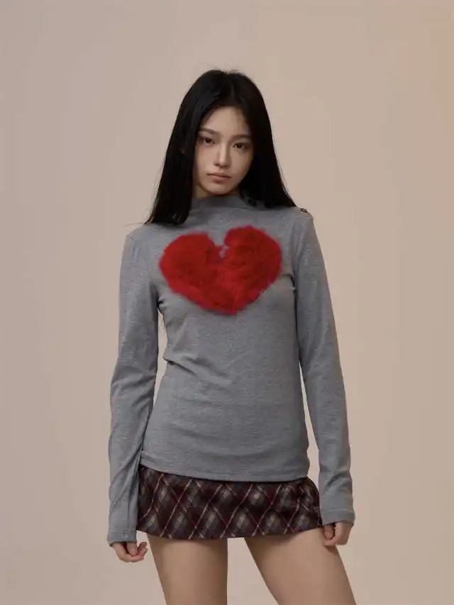 Women's Creative Heart Long sleeved T shirt Loose Retro Slim fit Top Flower Gray - Shop at LoveMi