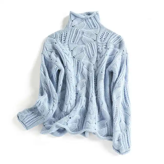 High Neck Thickened Hollow Crochet Loose Knitted Pullover Sweater Blue - Shop at LoveMi