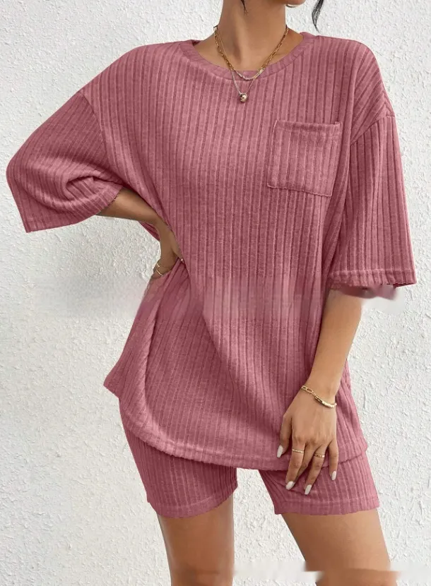 Fashion Rib Knitted Home Clothes 2 piece Set Red - Shop at LoveMi