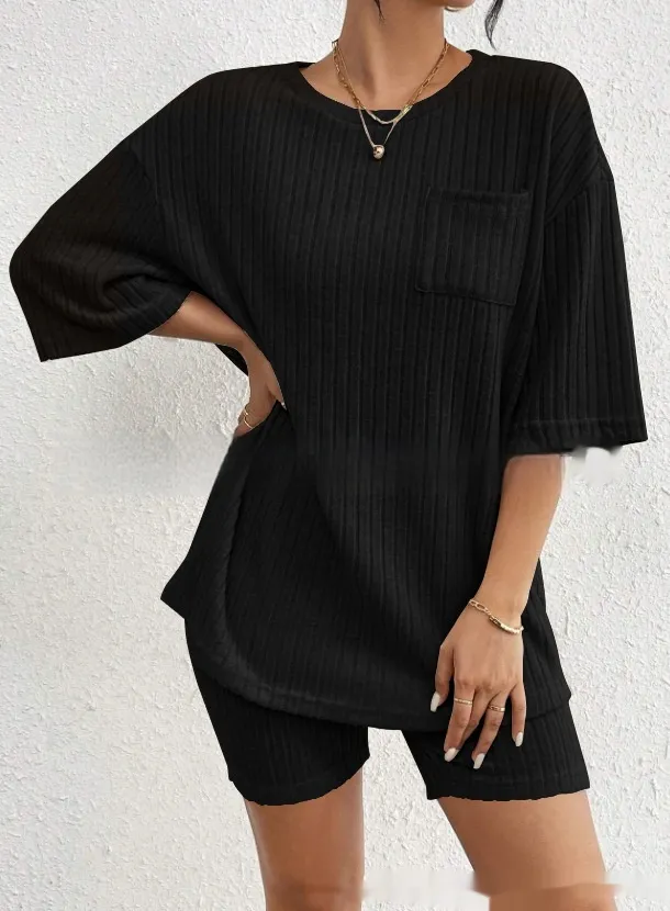 Fashion Rib Knitted Home Clothes 2 piece Set Black - Shop at LoveMi