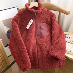 Couple's Autumn And Winter New Loose Zip Windproof Lamb Wool Coat For Women - Red - View 1