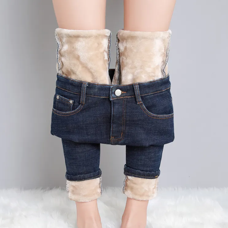 High Waist Velvet Thickening Denim Female Stretch Feet Pants - Navy