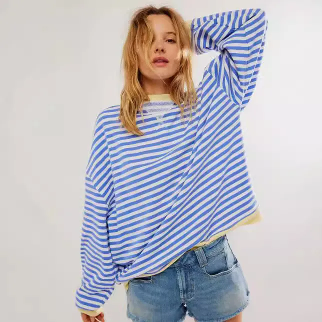 Women's Striped Embroidered Stitching Color-inserted Pullover Sweater - Blue And White Stripes