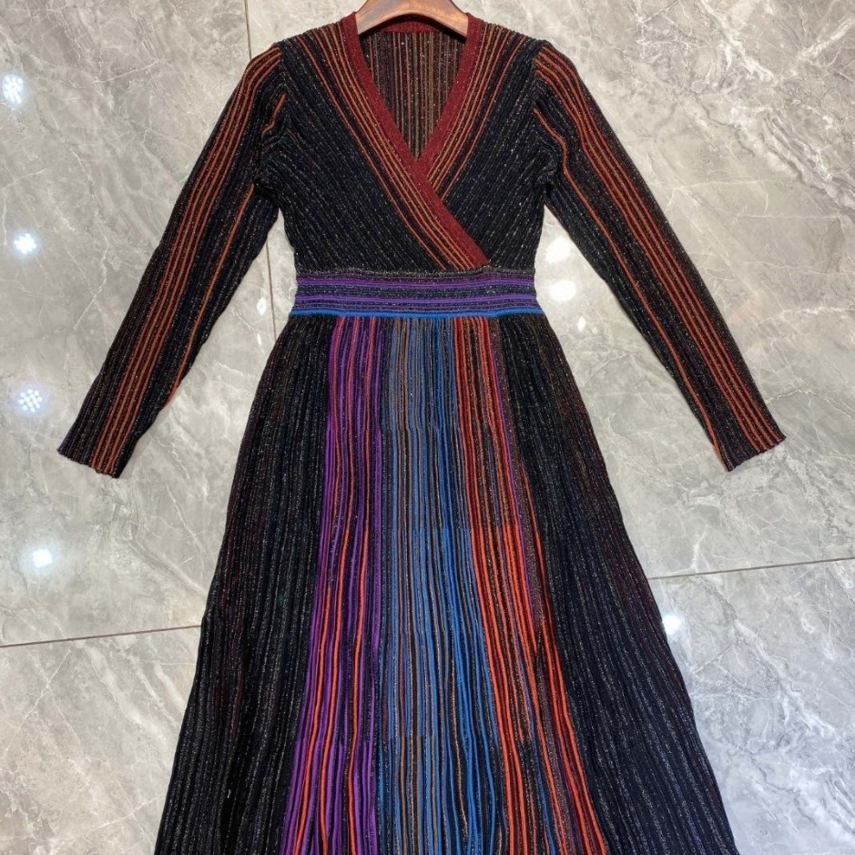 Autumn Dress High Waist Wrinkle Rainbow Stripes Gradient Suit