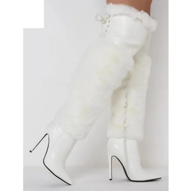 Runway Stiletto Heel Solid Color Plush Over the knee Boots White - Shop at LoveMi