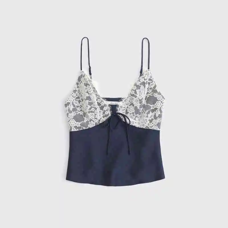 Hollow Lace Sling Spaghetti-strap Camisole Top Shirt - Blue