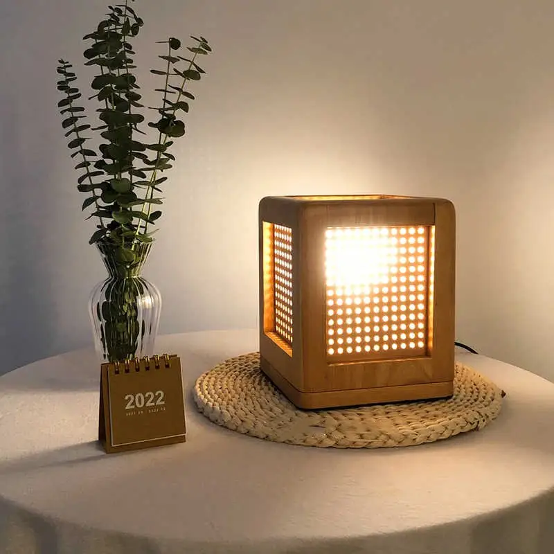 Solid Wood Bedroom Bedside Lamp Vintage Log Storm Lantern