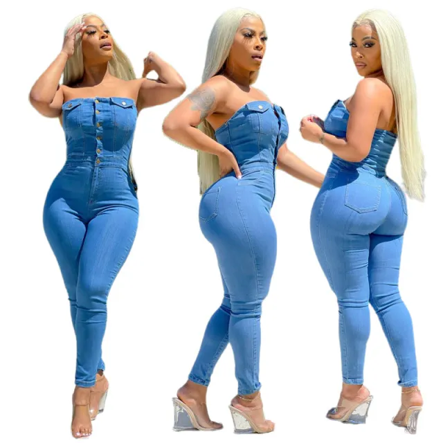 Tube Top Off shoulder Slim Fit Denim Jumpsuit Light Blue - Shop at LoveMi