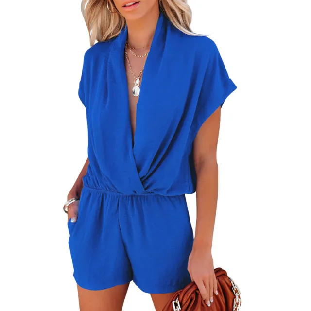 Women's Solid Color And V neck Slimming Jumpsuit Blue - Shop at LoveMi