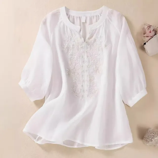 Women's Cotton And Linen Three quarter Sleeve Embroidered Top White - Shop at LoveMi