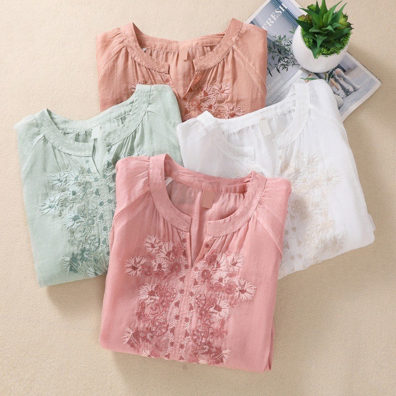 Women's Cotton And Linen Three-quarter Sleeve Embroidered Top