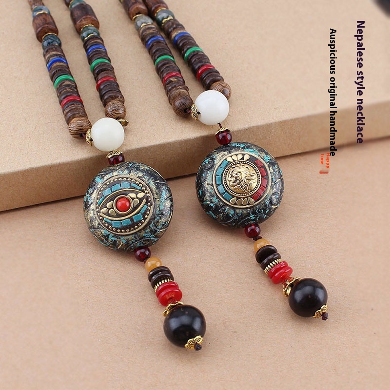 Nepal Pendant Sweater Chain Wooden Prayer Beads Long Necklace