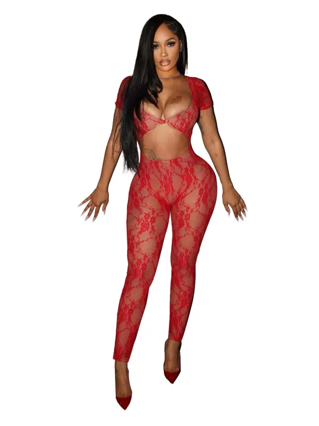 Women's Sexy Lace Sleeve Cropped Jumpsuit Trousers Red - Shop at LoveMi