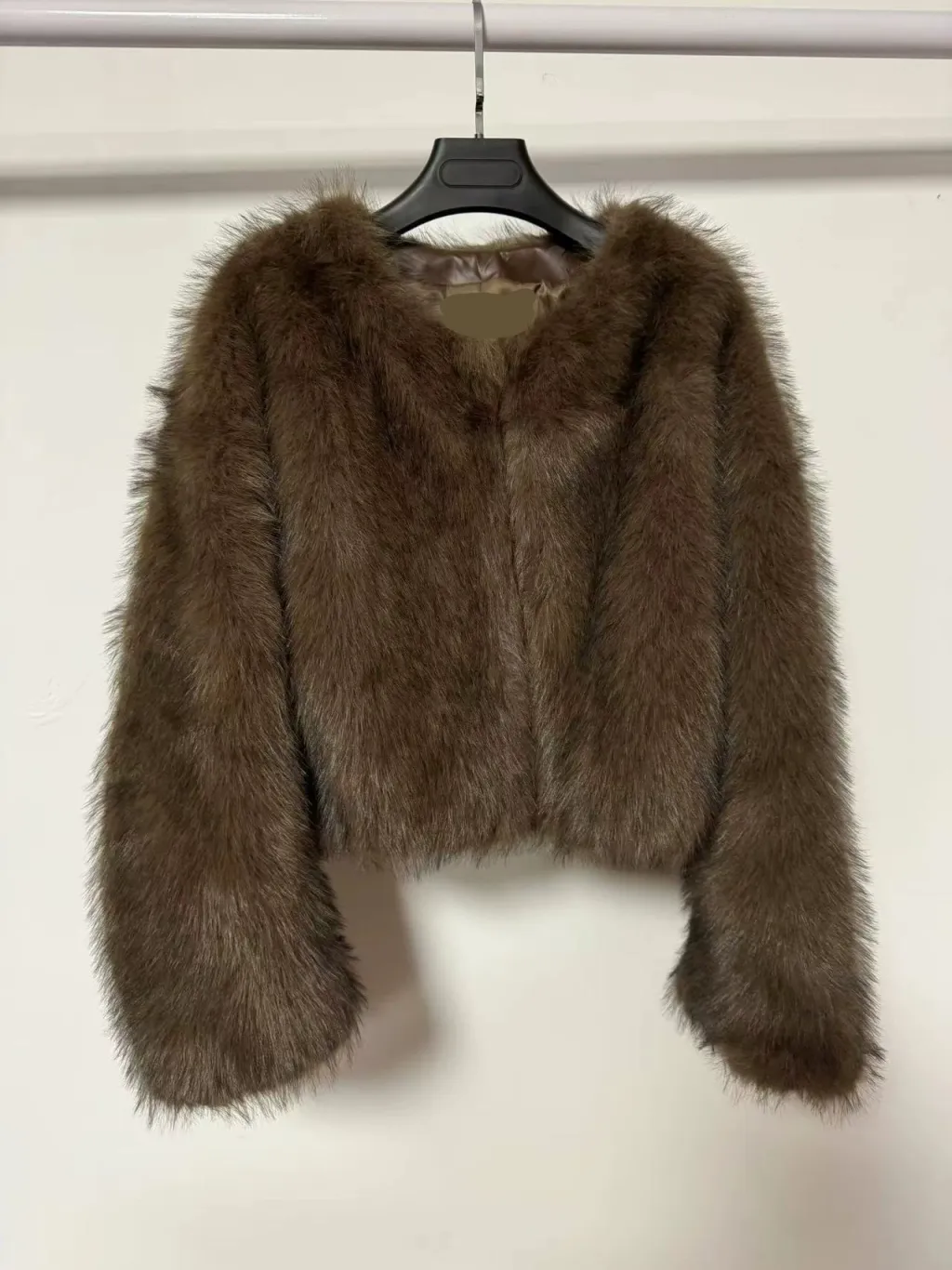 Women's Round Neck Long Sleeve Faux Fur Coat - Coffee