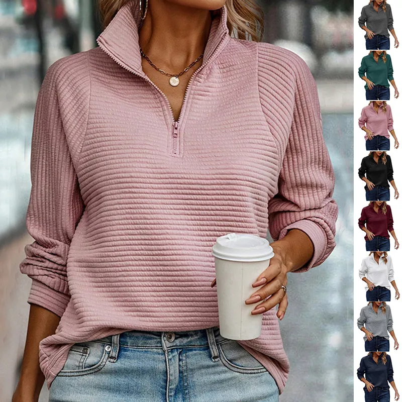 Zipper Stand Collar Pullover Sweatshirt Fashion Solid Striped Long