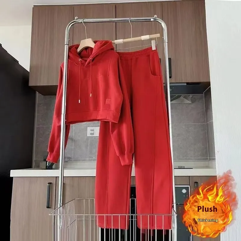 Fashionable Stylish Fleece-lined Thickened Hooded Sweatshirt Sweatpants Two-piece Set - Orange Red Suit Thickening